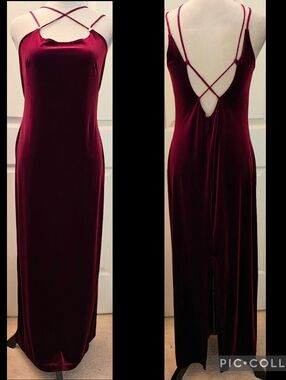 90s Maurices Burgandy Red Velvet Dress w Rhinestonee & Criss Cross Straps.